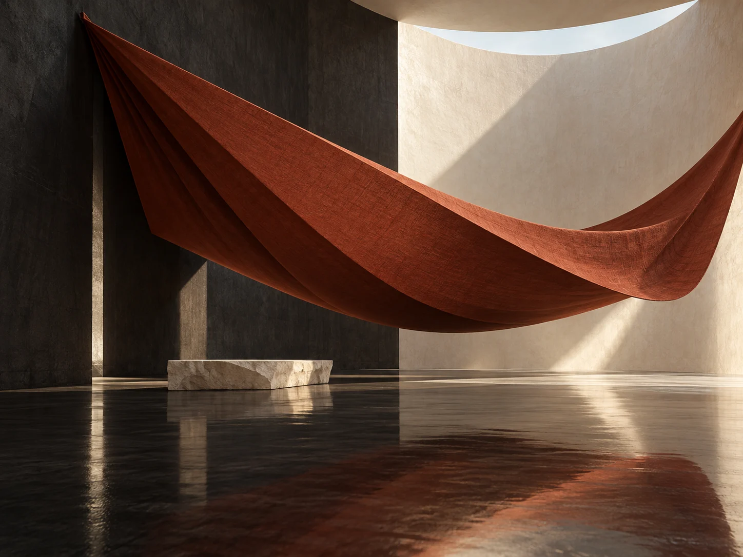 Conceptual spatial installation of a terracotta textile plane, curved plaster and natural light.