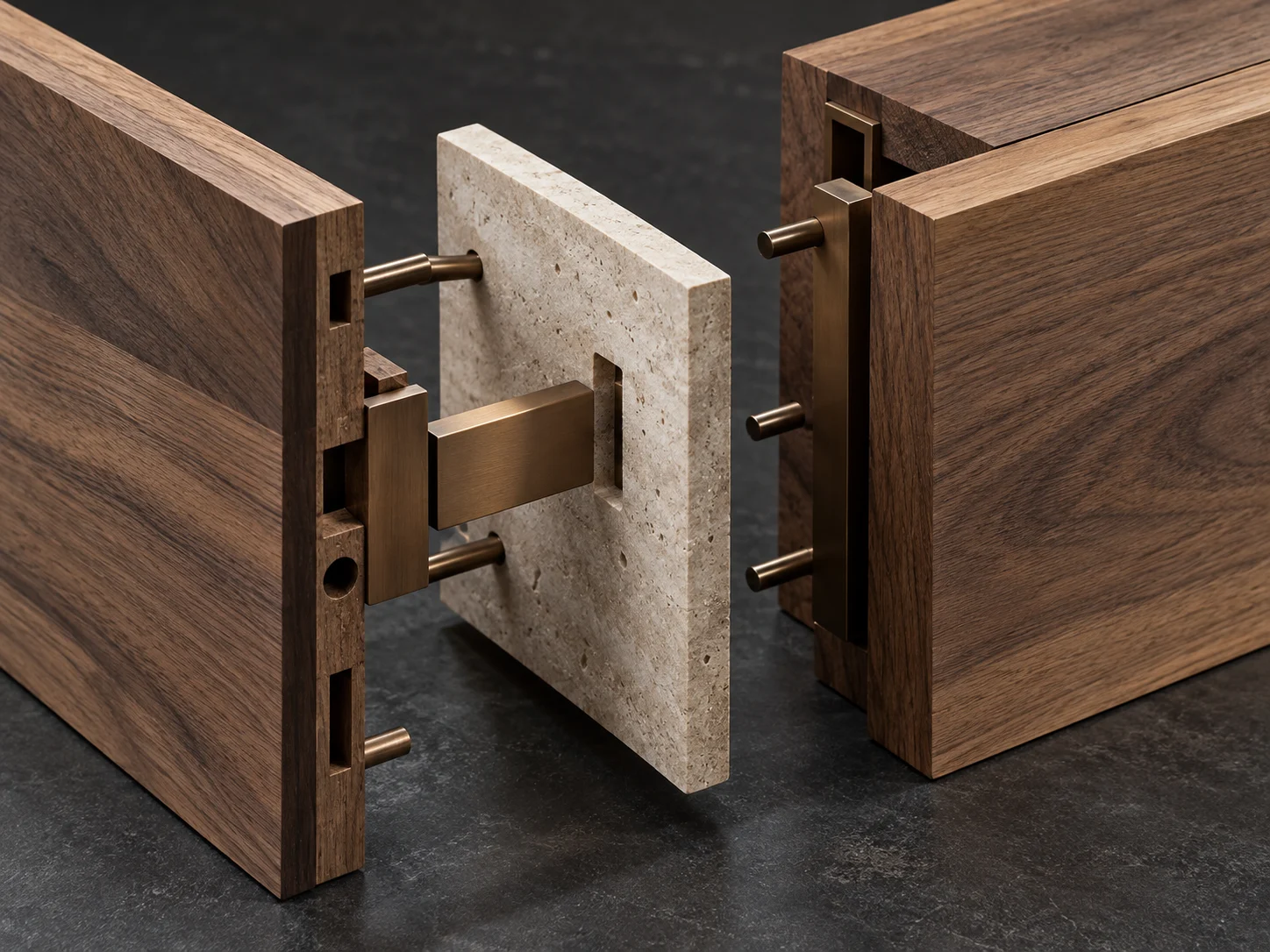 Conceptual exploded assembly of timber, stone and bronze connectors.